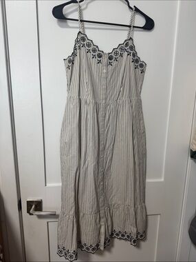 Striped White/Cream Sundress with Navy Embroidery